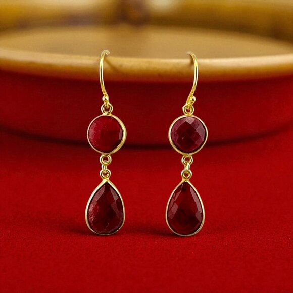 Faceted Ruby Teardrop Earrings Gold Vermeil - Picture 1 of 10